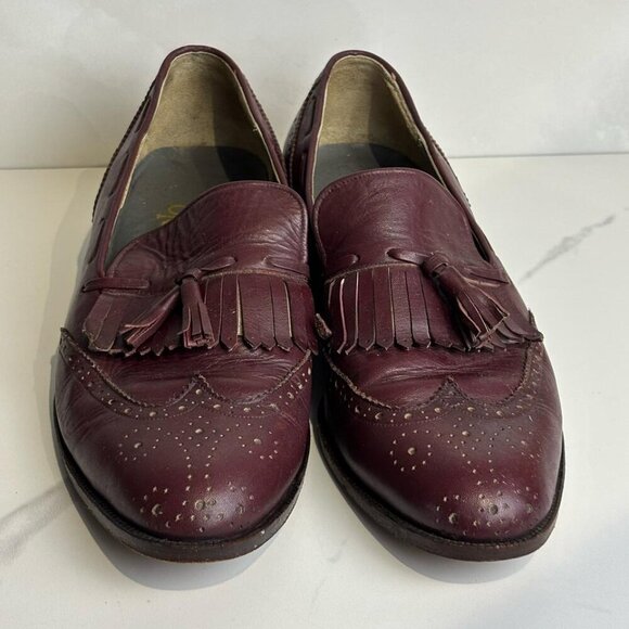 Polo Men Leather Kiltie Tassel Wingtip Slip Loafers Shoes Burgundy Size 9 - Picture 1 of 11